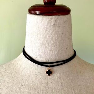 Black Faux Leather Two Strand Choker with Clover Charm